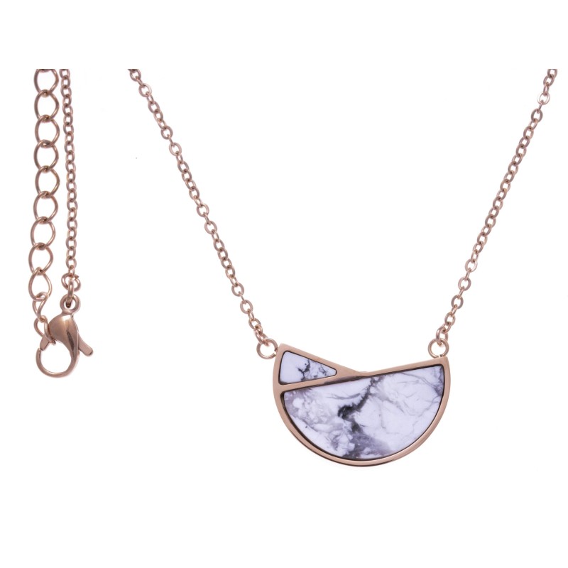 Collier femme, pendentif acier rose et Howlite blanche Collier femme, pendentif acier rose et Howlite blanche