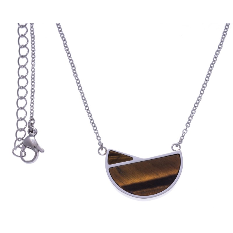 Collier femme, pendentif acier et oeil de tigre brun Collier femme, pendentif acier et oeil de tigre brun