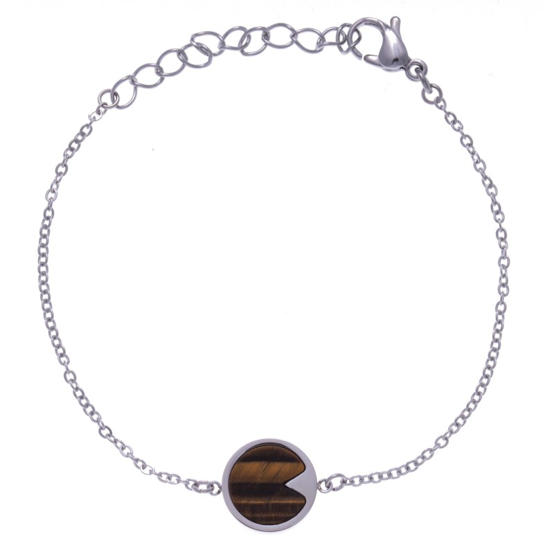 Bracelet en pierre naturelle pour femme : Acier & Oeil de tigre brun - Lyn&Or Bijoux