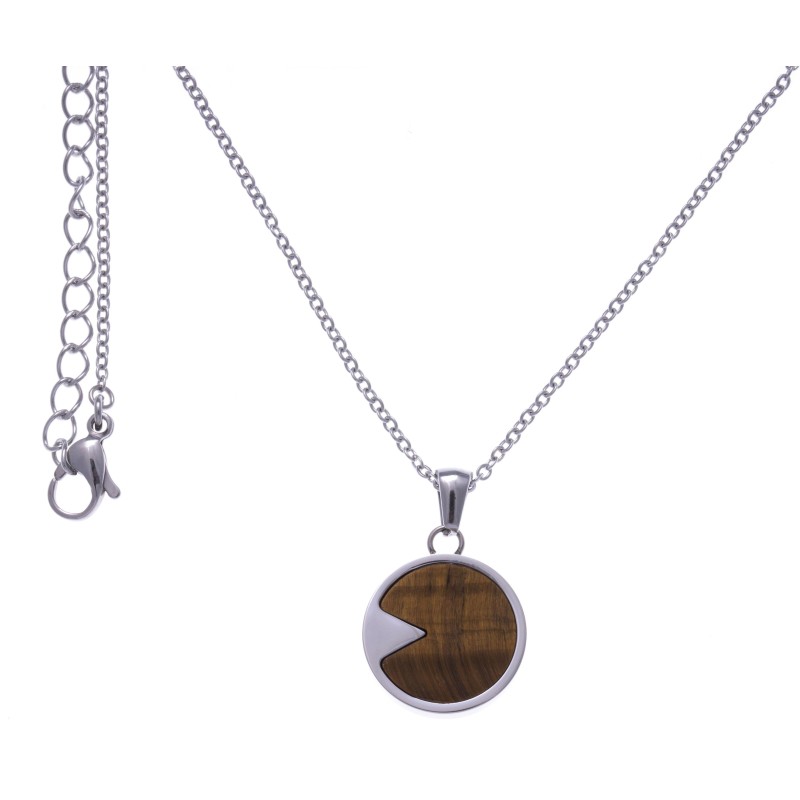 Collier femme en acier & pendentif en Oeil de Tigre - Bijoux Yola