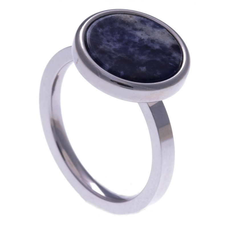 Bague acier femme, pierres fines, Sodalite bleue ronde Bague acier femme, pierres fines, Sodalite bleue ronde