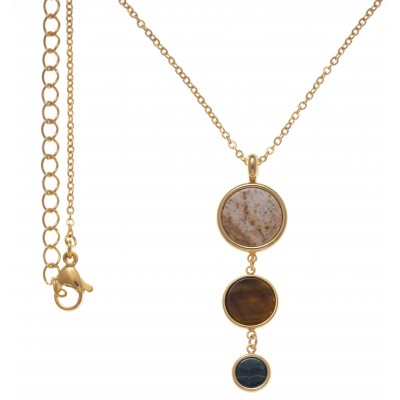Collier femme en acier doré, Jaspe paysage, oeil de tigre et Malachite - Lyn&Or Bijoux