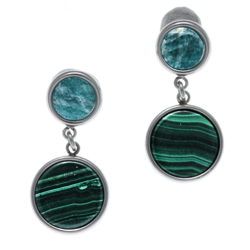 Boucles d'oreilles vertes pendantes: Acier, Malachite & Amazonite - Lyn&Or Bijoux