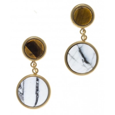 Boucles d'oreille femme: Acier doré, Howlite blanche & oeil de tigre - Lyn&Or Bijoux