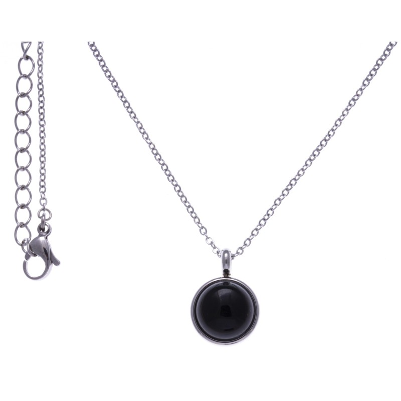 Collier cabochon acier femme, pierres fines,Onyx noir Collier cabochon acier femme, pierres fines,Onyx noir