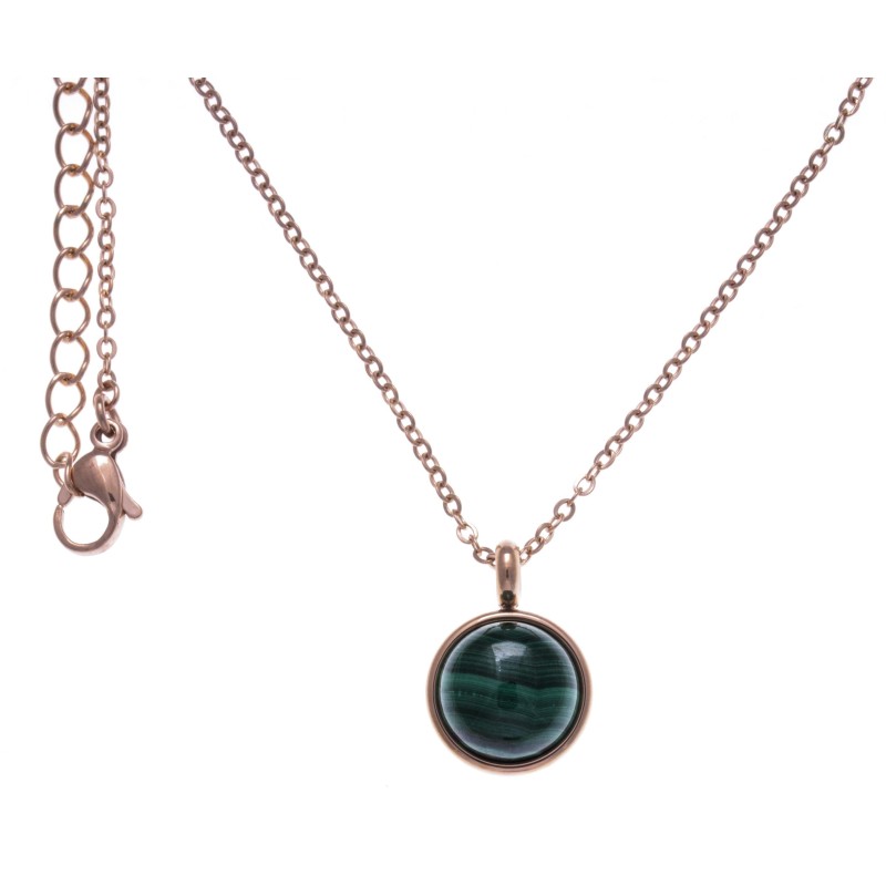 Collier cabochon acier rose femme, Malachite verte Collier cabochon acier rose femme, Malachite verte