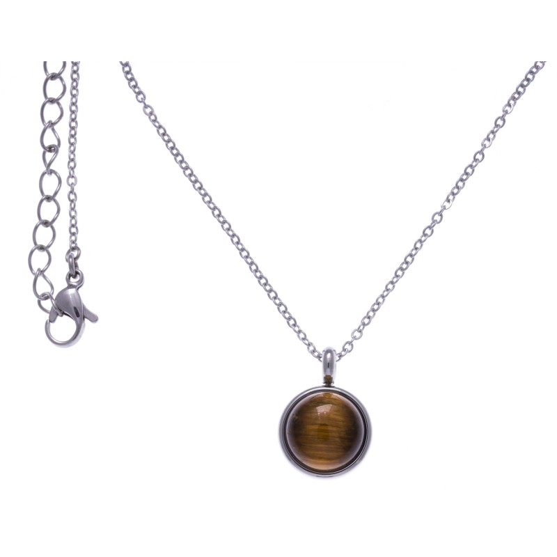 Collier cabochon acier femme, Oeil de tigre brun Collier cabochon acier femme, Oeil de tigre brun