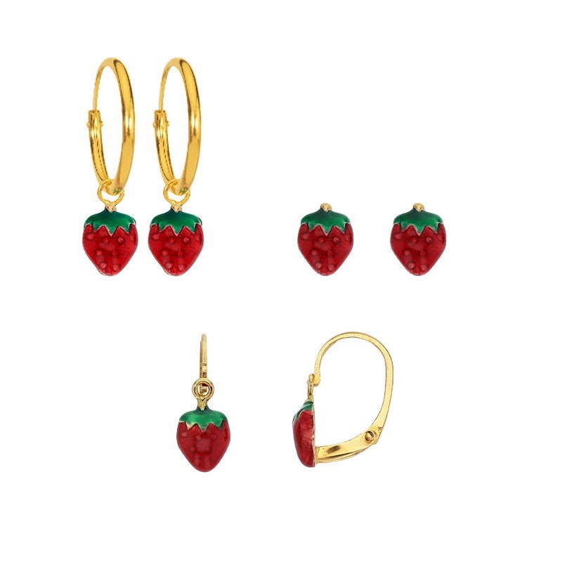 boucles d'oreilles en or avec petite fraise rouge
