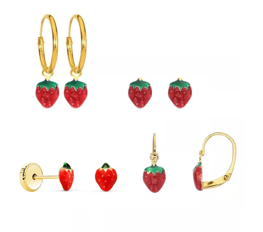 boucles d'oreilles en or avec petite fraise rouge